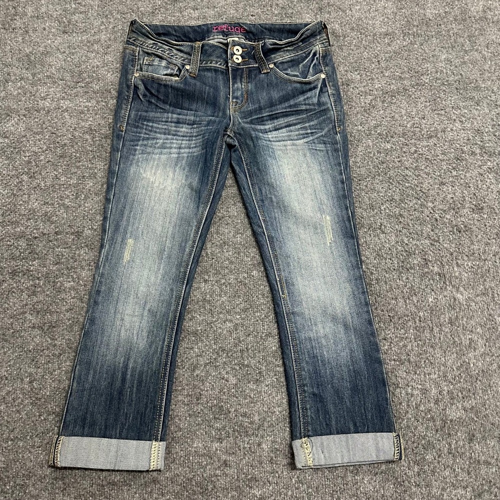 Refuge Jeans Womens Size 4 Blue Denim Cropped Cuffed Low Rise Flap Pocket Casual